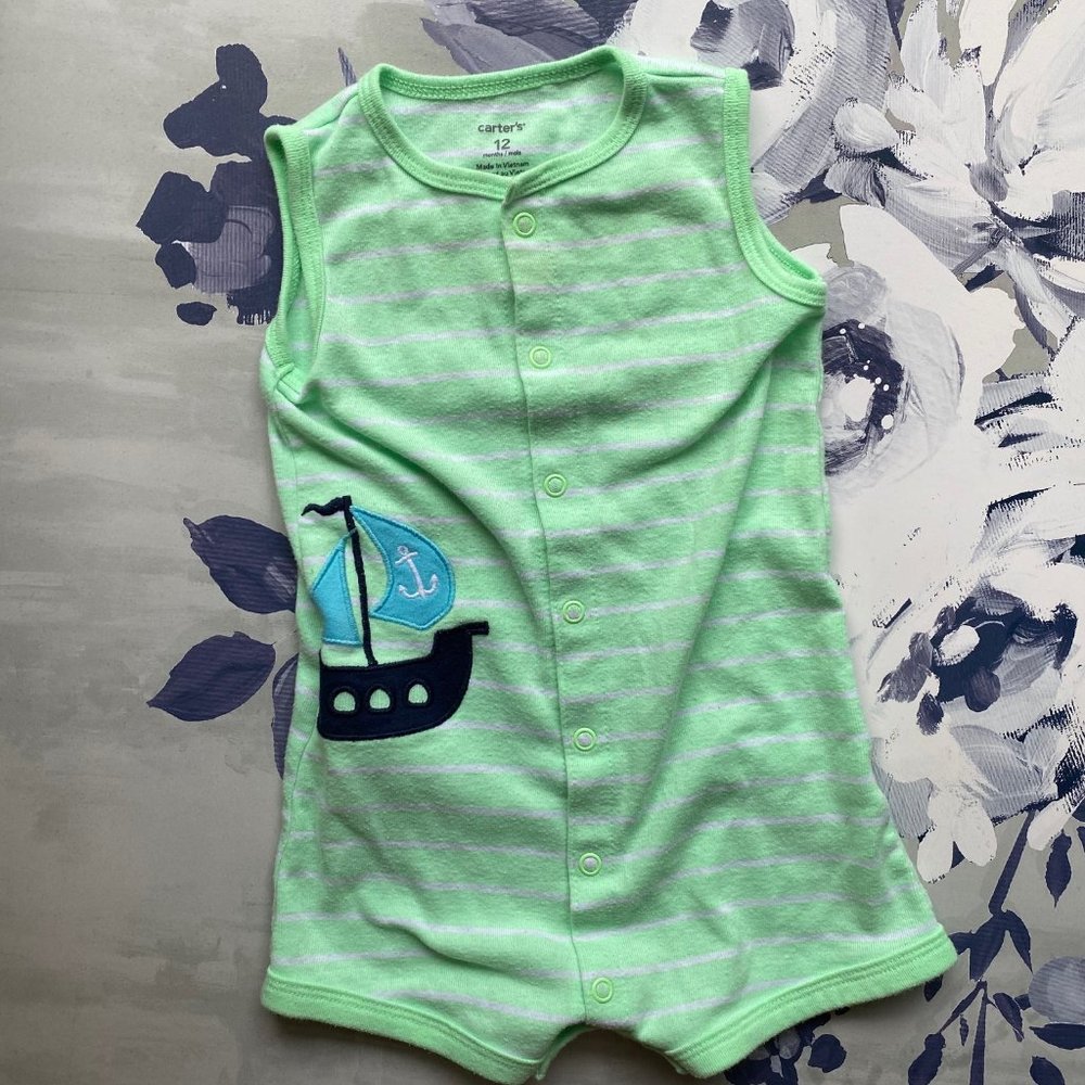 <3/$20> Carter's Sailboat Onesie 12 Mo Green Blue